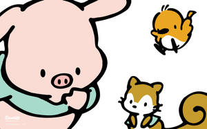 一隻粉紅色的豬在有趣的卡通場景中擁抱狐狸和小鳥。
