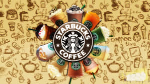Starbucks 標誌與周圍擺放的各種飲品，背景是咖啡塗鴉。