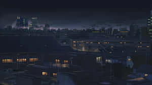 夜景，屋頂上閃爍的窗戶和遠處的摩天大樓，在黑暗的天空下。