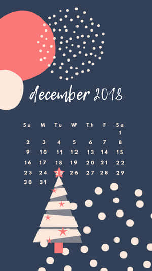 2018年12月月曆，帶有風格化的聖誕樹和抽象形狀。