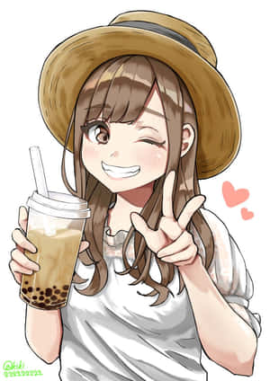 戴草帽的動漫女孩拿著珍珠奶茶，並帶著心形做出和平手勢。