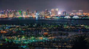 城市天際線和碼頭的夜景，燈光閃爍，船隻點綴其間。