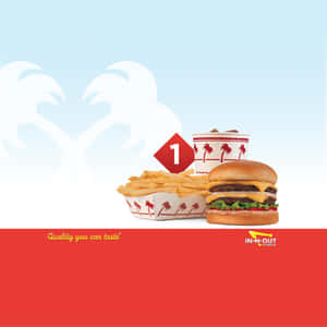 In-N-Out Burger 餐點，包括漢堡、薯條和飲品，裝在品牌容器中。