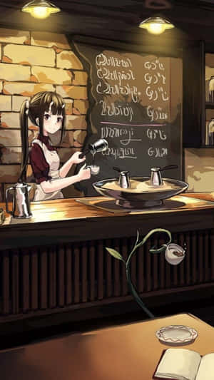 動漫女孩在舒適的咖啡館中倒茶，黑板菜單和打開的書本。 — 動漫女孩 壁紙