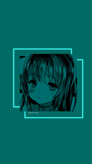 青綠色調的動漫女孩肖像，帶有發光霓虹框。