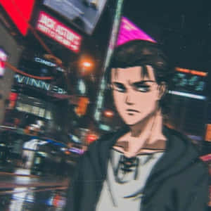 動漫男性角色在雨夜的都市中，伴隨著發光的霓虹招牌。