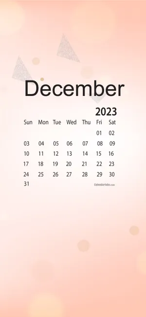 2023年12月日曆,帶有柔和蜜桃色背景和閃亮三角形。