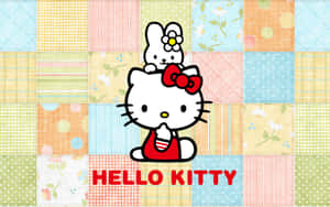 Hello Kitty 和兔子在拼布被子背景上，帶有紅色蝴蝶結和文字。