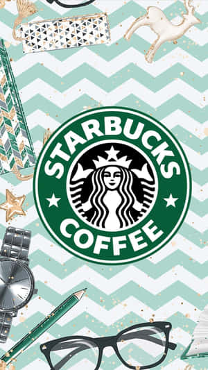 Starbucks 標誌被眼鏡、手錶和配件環繞於人字形圖案上。