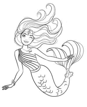 芭比以美人魚造型出現在黑白線條畫中。