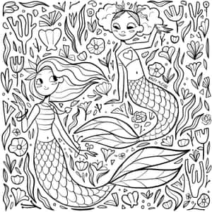 兩位快樂的美人魚，長髮和魚尾，在海草和花朵之間游動，是一張黑白填色頁。