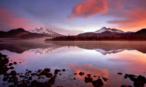 積雪的山峰在日落時分倒映在霧氣瀰漫的湖中，天空呈現粉紅色和紫色。 — 湖 壁紙