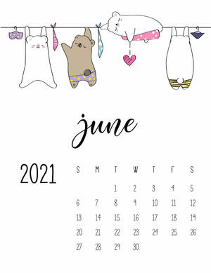 2021年6月日曆，卡通動物掛在晾衣繩上。