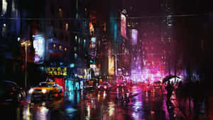 雨夜的城市街道，霓虹燈在潮濕的路面上反射，一個撐著雨傘的人。 — 夜景城市 壁紙