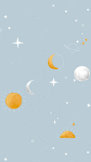 天體包括太陽、月亮、星星和行星，漂浮在淺藍色的天空中。 — 太空 壁紙
