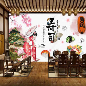 日本餐廳壁紙，帶有藝妓、壽司和城堡設計。