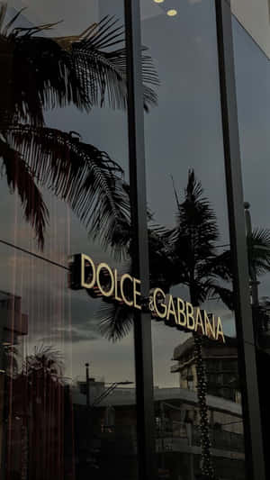 Dolce & Gabbana 商店招牌倒映在玻璃上，伴隨著暮色中的棕櫚樹。