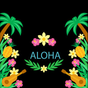 熱帶夏威夷風格設計，棕櫚樹、菠蘿、花朵和尤克里里琴環繞著「aloha」一詞。 — iPad Pro 13 壁紙