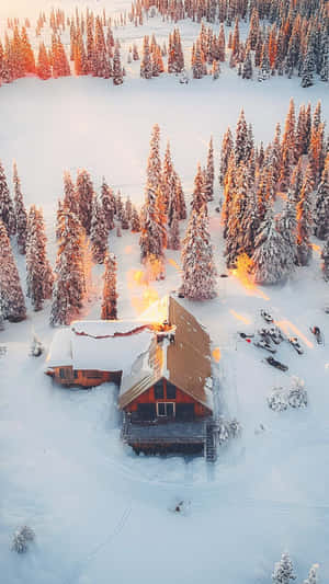 雪林中的舒適木屋，金色夕陽