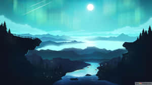 月光照耀的河流在發光的極光和星星下流經山谷。