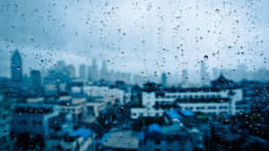 窗戶上的雨滴，俯瞰著朦朧的城市天際線。 — 雨 壁紙