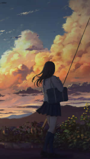 穿校服的女孩在日落時釣魚，色彩繽紛的雲彩