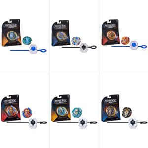 六個Beyblade Burst玩具套裝連包裝和發射器在白色背景上。