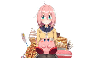 粉紅色頭髮的動漫女孩被甜點包圍，抱著卡比。 — 露營 壁紙