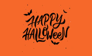 橙色背景上帶有蝙蝠的Happy Halloween文字