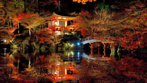 夜晚，秋樹下的水中倒映著一座明亮的日本寺廟和橋樑。