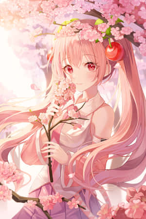 動畫女孩，粉紅色頭髮和櫻花花冠，拿著一枝花。 — Vocaloid 壁紙