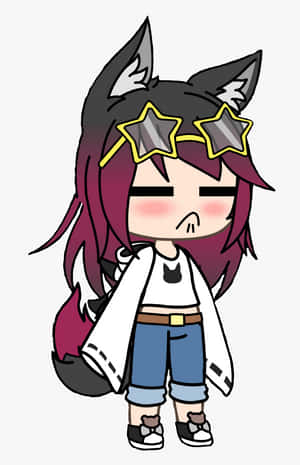 有狐狸耳朵和星形眼鏡的Q版動漫女孩，看起來噘嘴臉紅。 — Gacha life GIF 壁紙