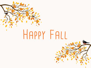 秋季樹枝與小鳥圍繞奶油色背景上的「Happy Fall」文字。 — 可愛秋天gif 壁紙