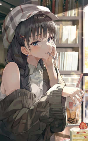 動漫女孩在咖啡館喝著草莓配料的珍珠奶茶。