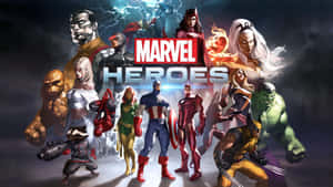 Marvel Heroes超級英雄團隊以動感姿勢呈現，標誌發光。