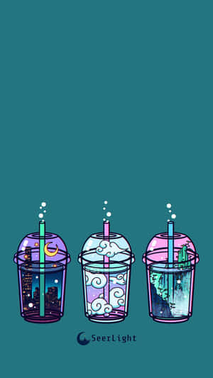 三杯插圖飲品，每杯內均有微型場景，背景為青綠色。