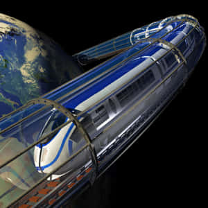 未來主義磁懸浮列車在透明管道中繞地球軌道運行於太空。