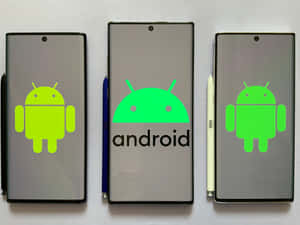 三部 Android 智能手機在屏幕上顯示綠色 Android 標誌和文字。 — 手機 壁紙