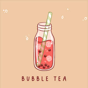 一個裝有粉紅色泡泡茶、冰塊和條紋吸管的玻璃罐。