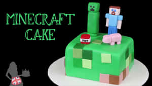 Minecraft蛋糕，上面有苦力怕、Steve、豬和TNT在像素化綠色方塊上。 — 甜品 壁紙