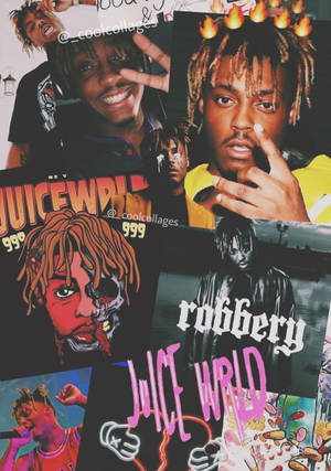以 Juice WRLD 為特色的彩色拼貼畫，包含火焰、塗鴉和專輯藝術。