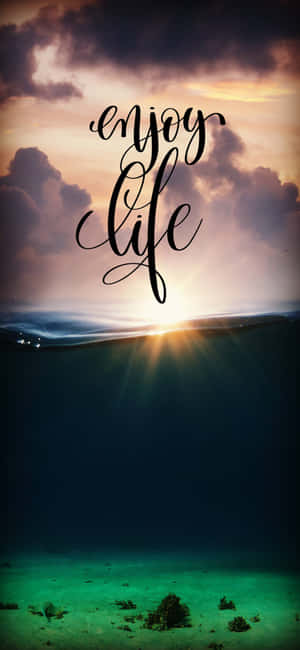 海洋上的日落，下方有珊瑚礁和 'enjoy life' 文字。