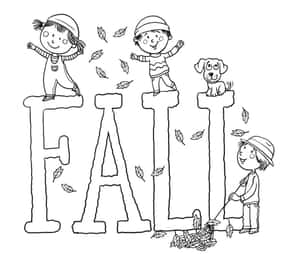 孩子們和狗在拼出fall的字母上玩耍，落葉飄落。 — 秋天 壁紙