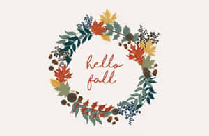 圓形秋季花環，樹葉、橡果和漿果環繞著文字hello fall。