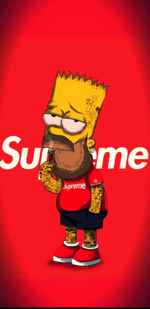 巴特·辛普森留鬍子及紋身，穿著Supreme服裝吸食大麻煙。