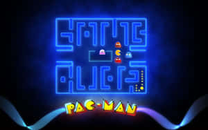 經典 Pac-Man 遊戲標誌，在深色背景上帶有發光迷宮和鬼魂。