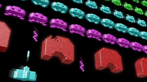 復古像素 Pacman 鬼魂和圓點在黑暗空間中發光。