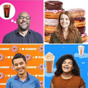 四個不同的人微笑，Dunkin' 冬甩和飲品在對話氣泡中。