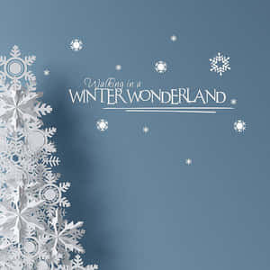 白色紙雪花和藍色牆上的「Walking in a Winter Wonderland」文字。