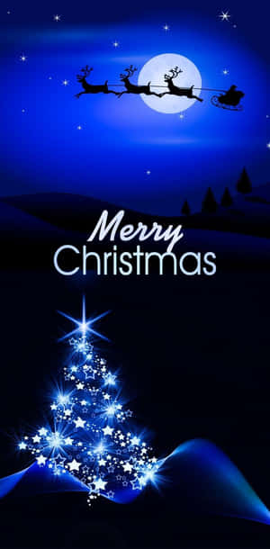 月亮下藍色發光聖誕樹，聖誕老人雪橇飛過 — 美麗聖誕 壁紙